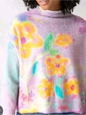 Natural Life Pastel Fuzzy "Cashmere" Like Floral Oversize Mock Neck Sweater L/XL